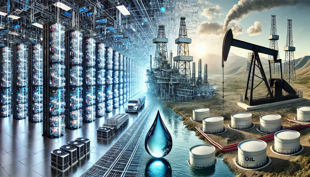 DALL·E 2025-02-09 11.52.30 - A hyper-realistic composite image showing the connection between artificial intelligence and the oil industry. On one side, a massive data center with